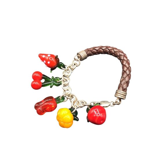 Fruit & Veggies Bracelet Art Glass Charms Leather & Sterling Silver Chain - Picture 1 of 6